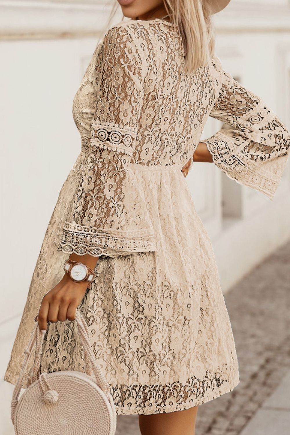 Lace V-Neck Three-Quarter Sleeve Dress