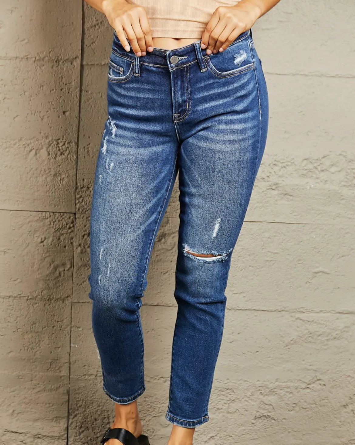 Mid Rise Distressed Slim Jeans