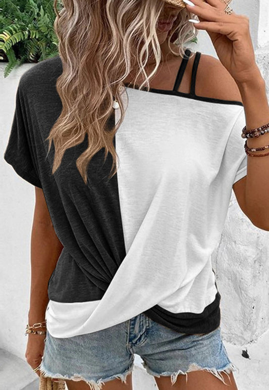 Colorblock Asymmetrical Cold Shoulder Top