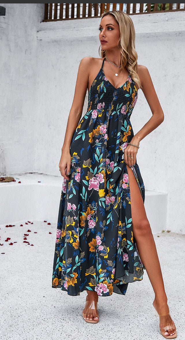 Floral Back Knot Sleeveless Ruched Side Open Dress