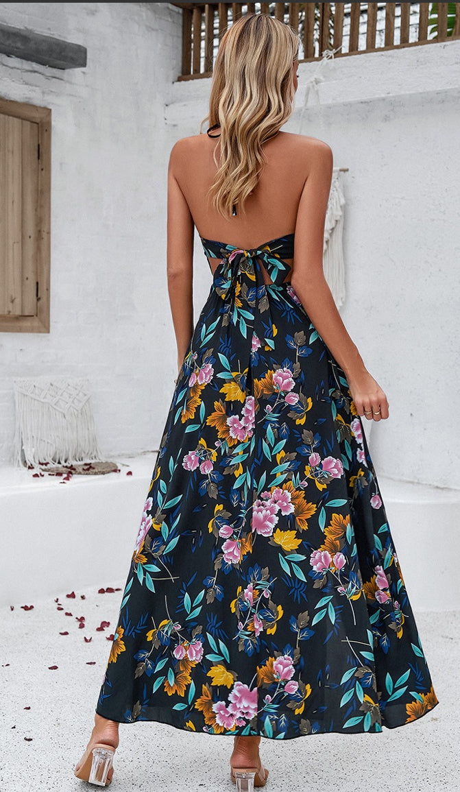 Floral Back Knot Sleeveless Ruched Side Open Dress