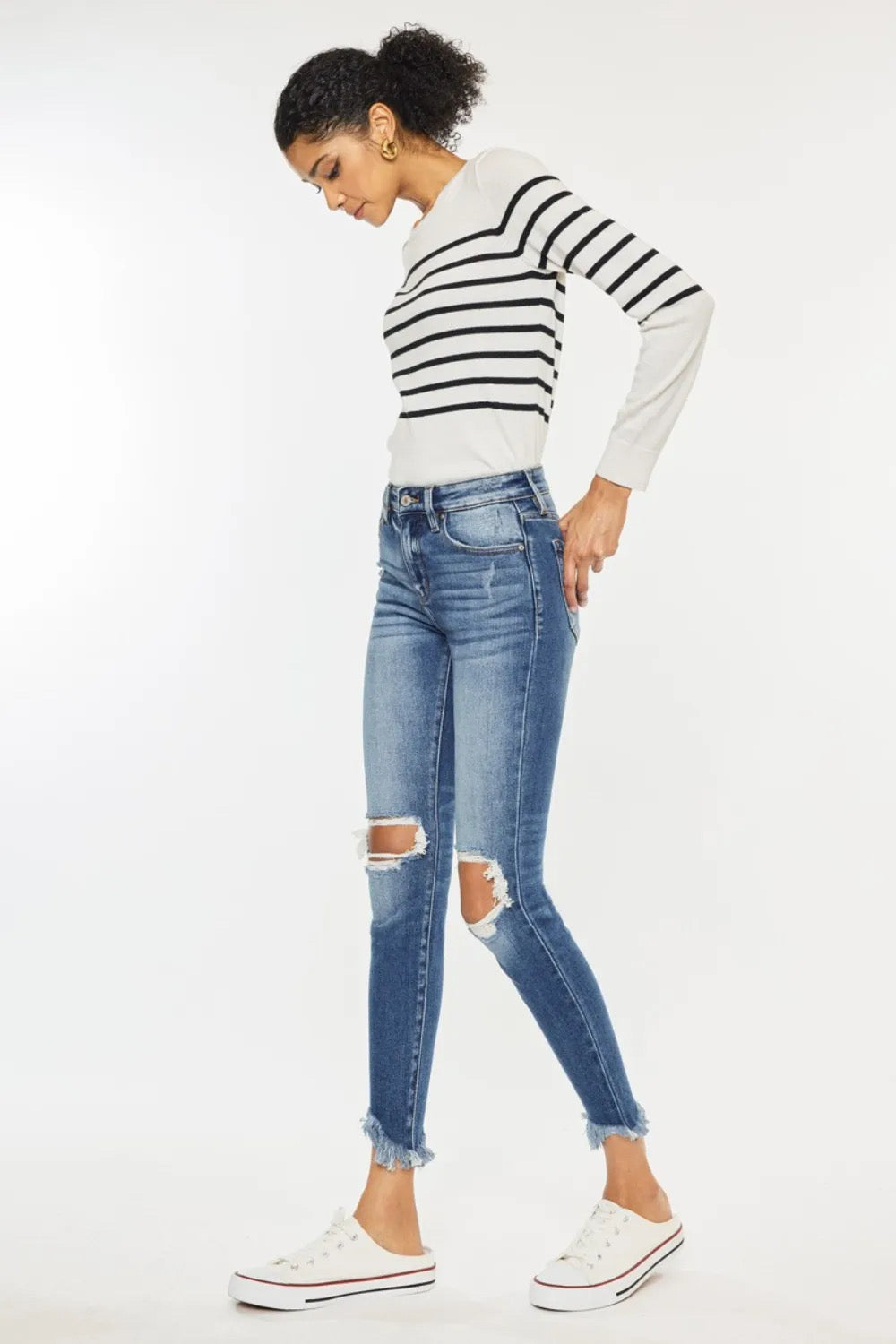 High Waist Distressed Raw Hem Ankle Skinny Jeans